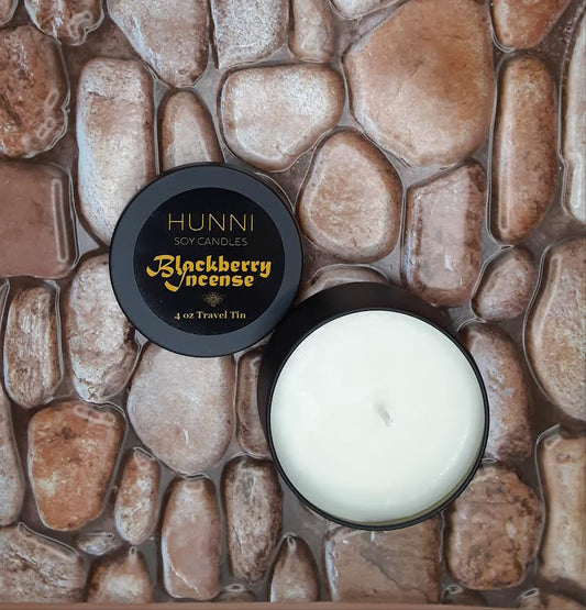 Blackberry Incense 4 oz soy candle in travel tin