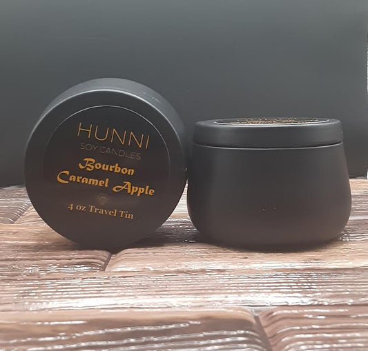 Bourbon Caramel Apple 4 oz soy candle in travel tin