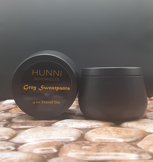 Grey Sweatpants 4 oz soy candle in travel tin