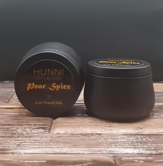 Pear Spice 4 oz soy candle in travel tin