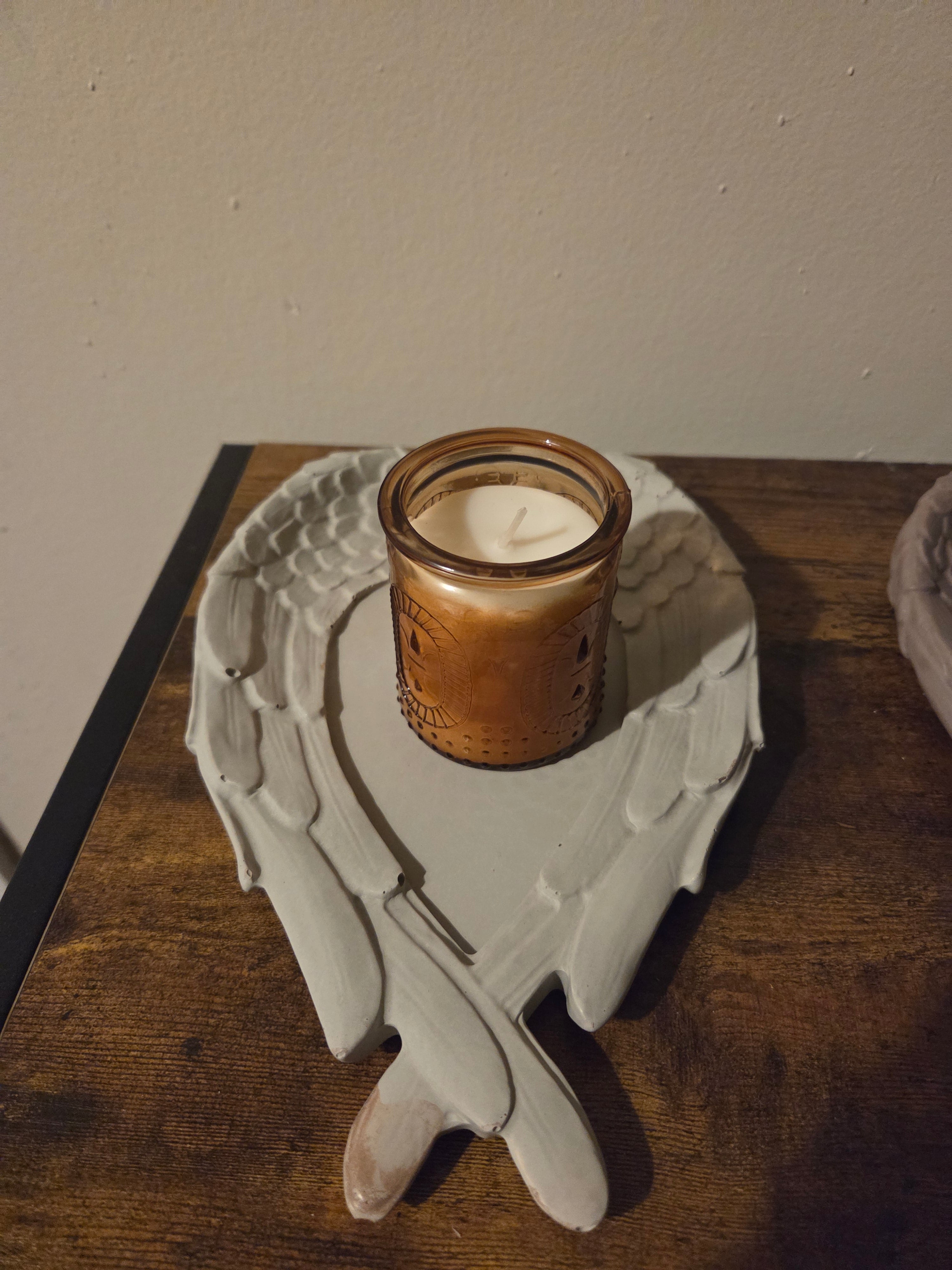 The Angel Set concrete candle holder and amber glass votive in Blackberry Incense