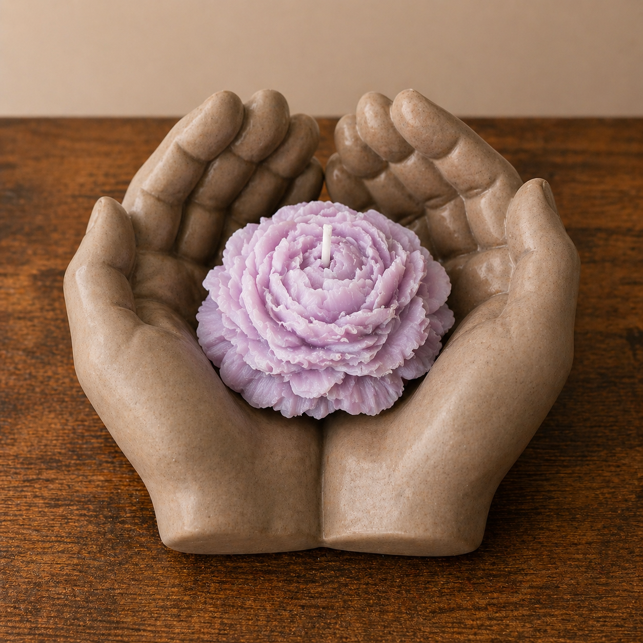 The Bloom Set peony candle and open hands concrete holder