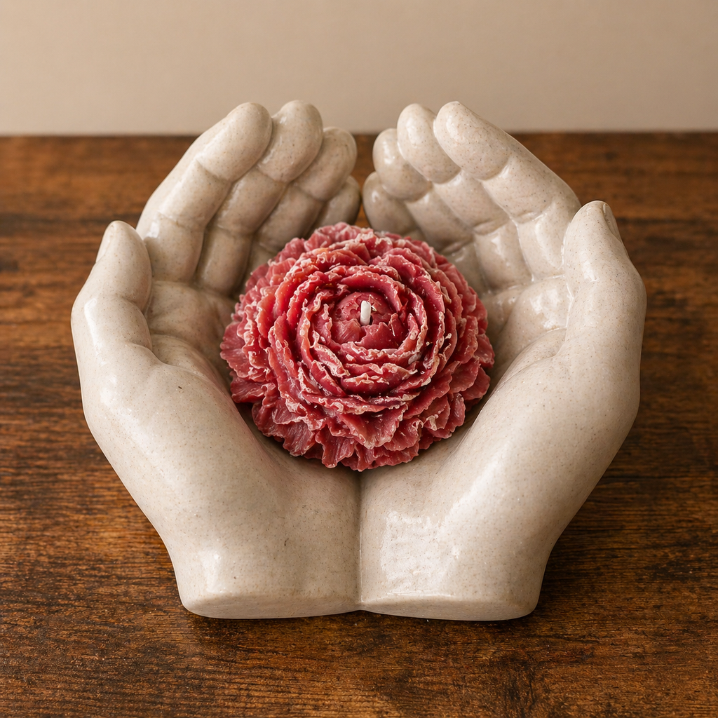 The Bloom Set peony candle and open hands concrete holder