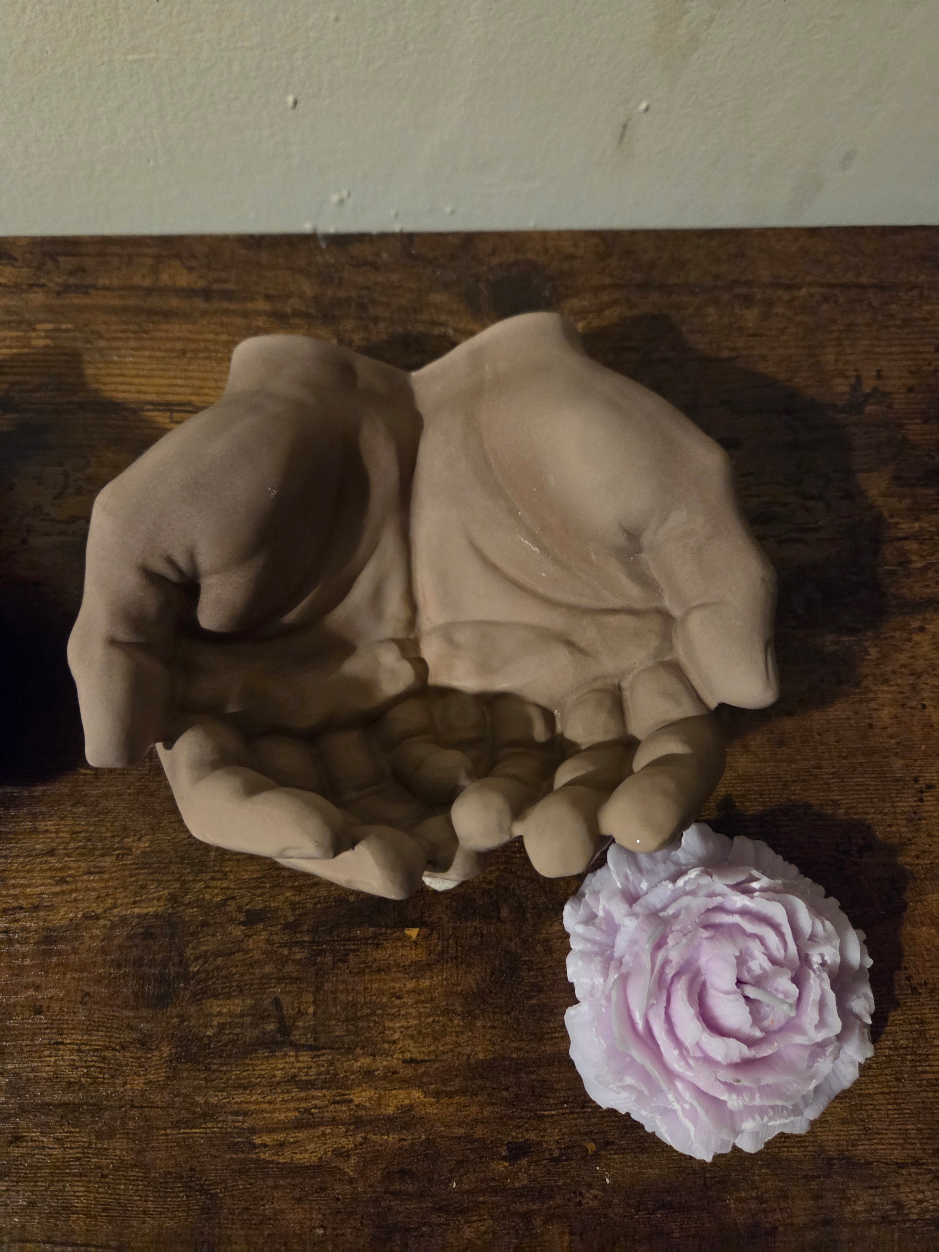 The Bloom Set peony candle and open hands concrete holder