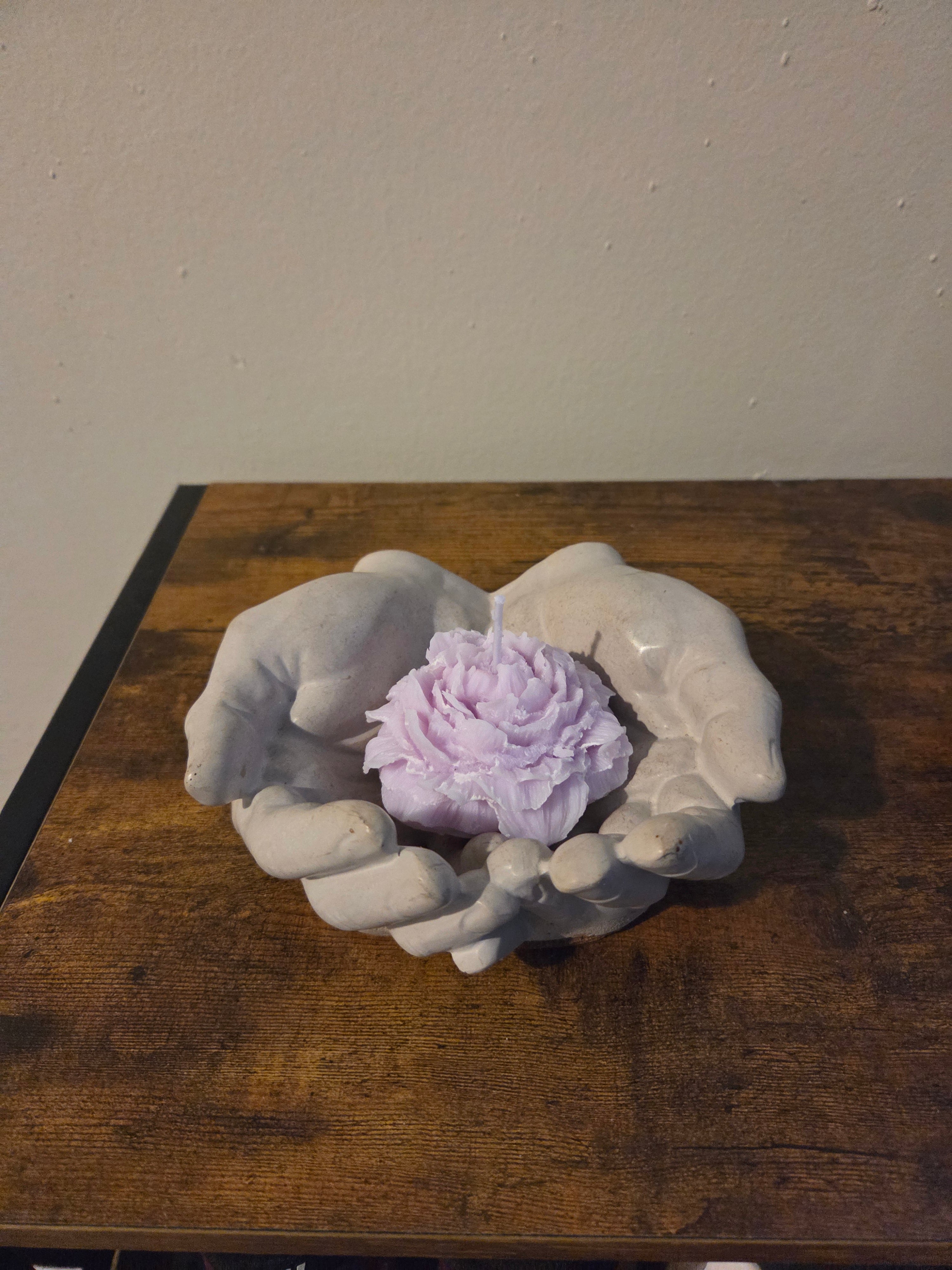 The Bloom Set peony candle and open hands concrete holder