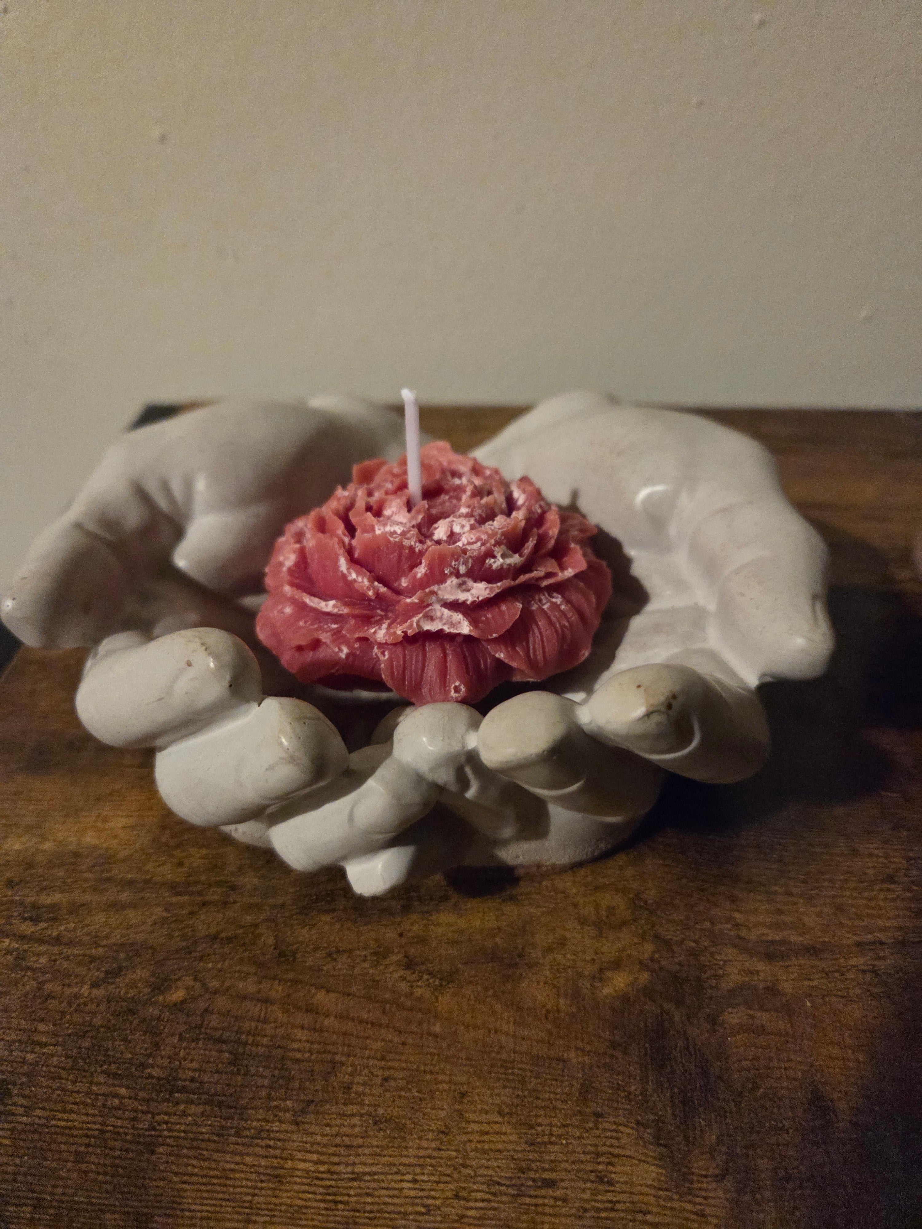 The Bloom Set peony candle and open hands concrete holder
