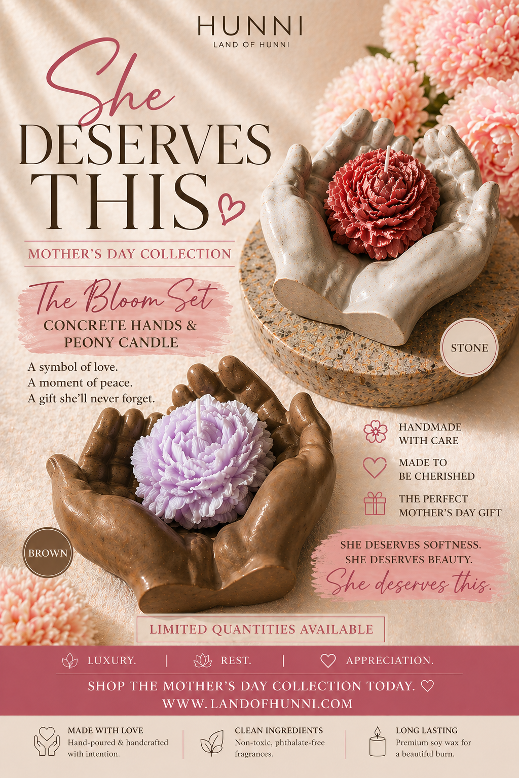 The Bloom Set peony candle and open hands concrete holder