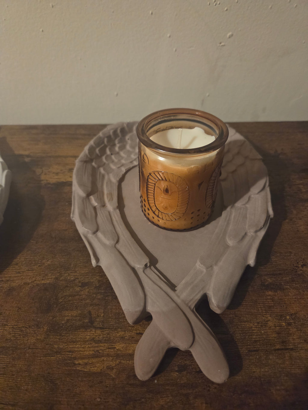 The Angel Set concrete candle holder and amber glass votive in Blackberry Incense