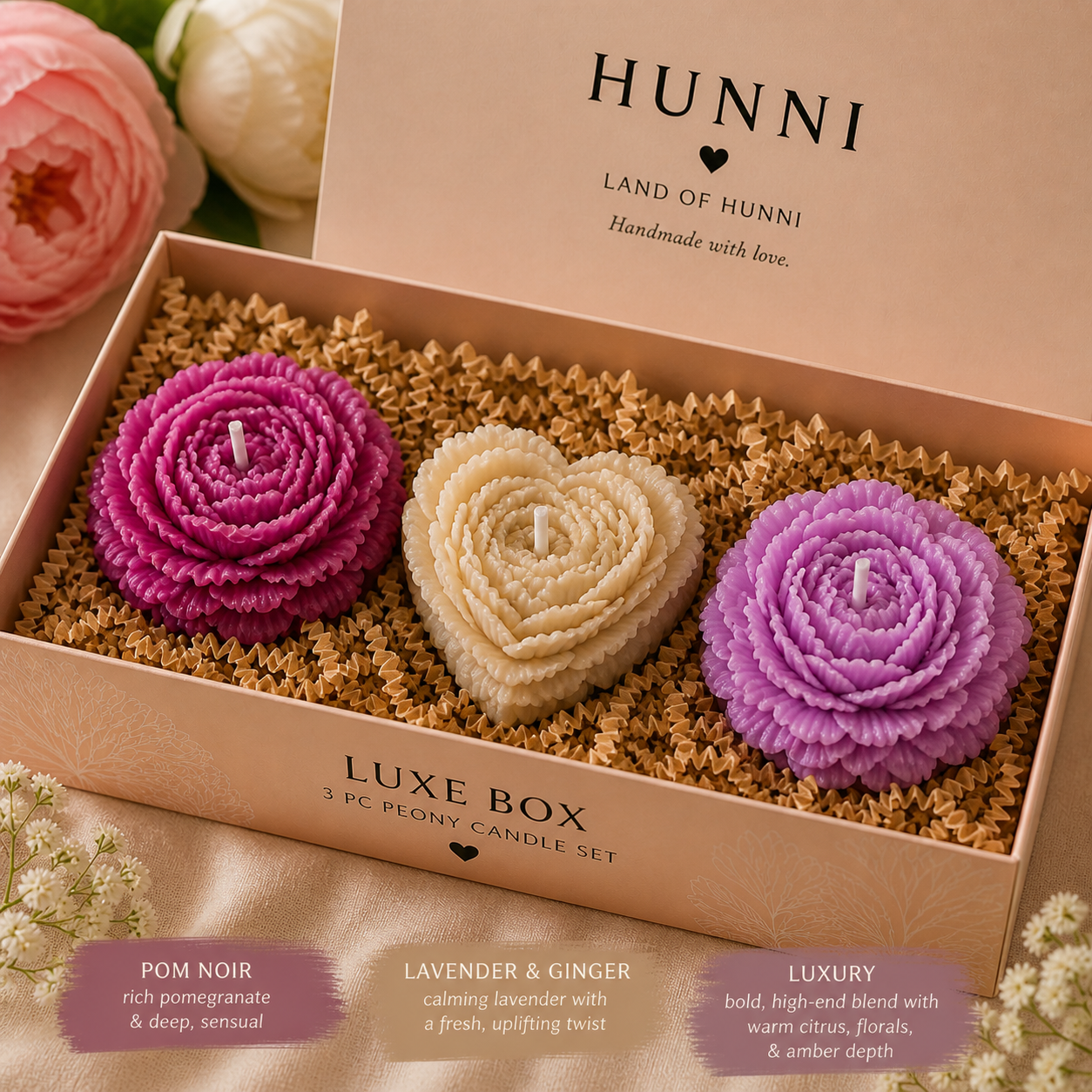 Luxe Box 3pc peony candle set