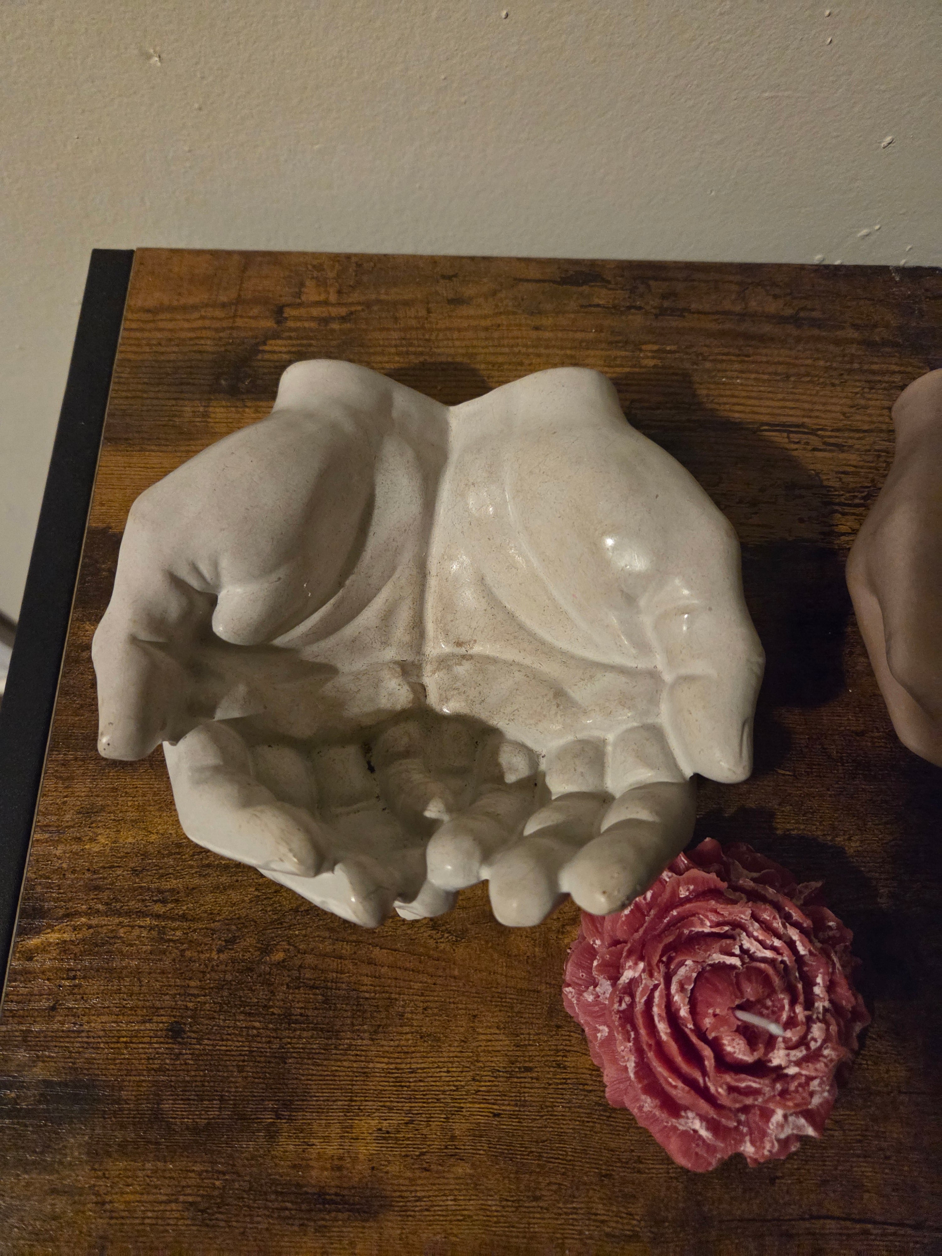 The Bloom Set peony candle and open hands concrete holder